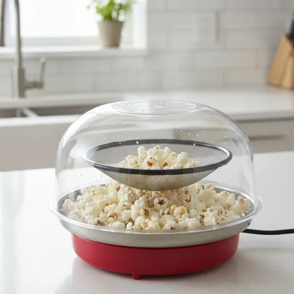 An electric popcorn popper with a mesh splatter screen preventing oil from splashing.