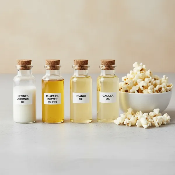 Visual comparison of different cooking oils (coconut, clarified butter, canola) suitable for popping popcorn.