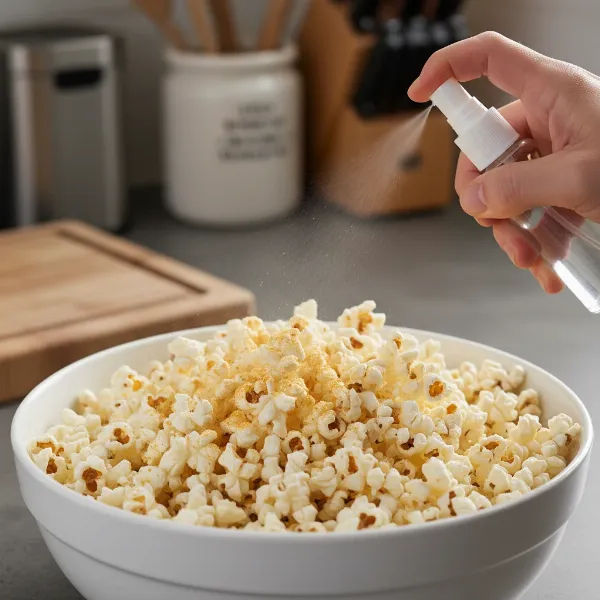 Hand holding a spray bottle misting popcorn in a bowl with seasoning
