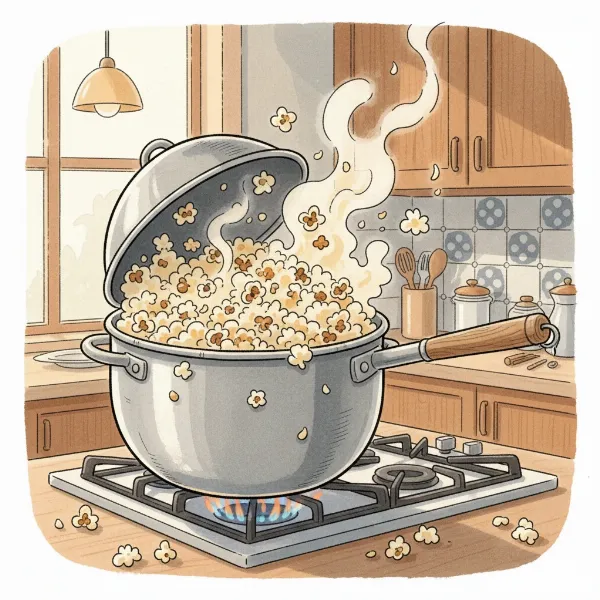Illustration of steam escaping from a popcorn maker to prevent chewy popcorn texture