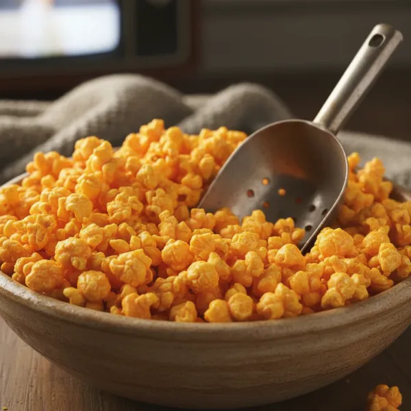 A bowl of perfectly coated cheese popcorn with a spoon, highlighting the even cheese distribution.