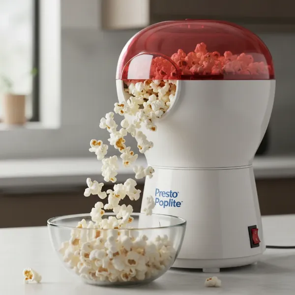 A sleek white Presto Poplite hot air popcorn popper with a clear top and measuring cup, popping popcorn into a bowl.