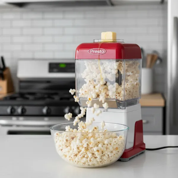 The Presto Poplite Hot Air Popper in action, showing popcorn popping and butter melting.
