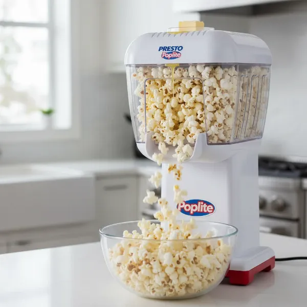 Presto Poplite hot air popcorn maker with butter melting tray on top, popping popcorn.