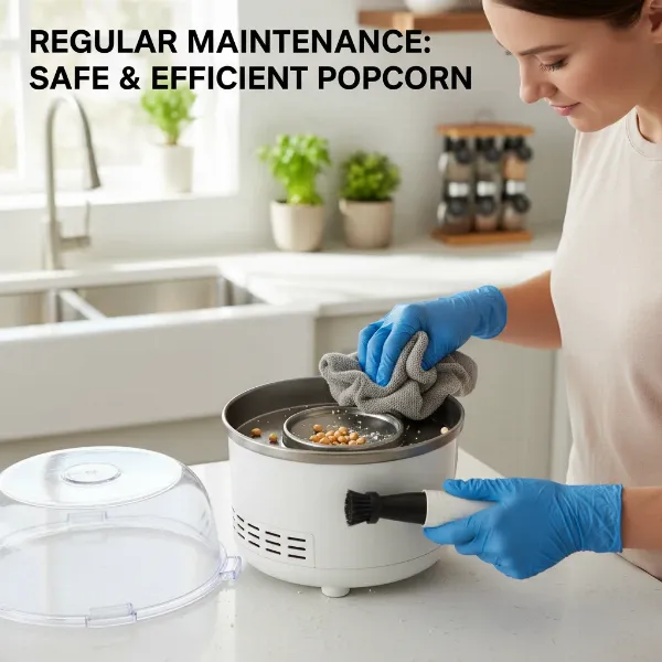Person cleaning an air popcorn maker, emphasizing safety and regular maintenance.