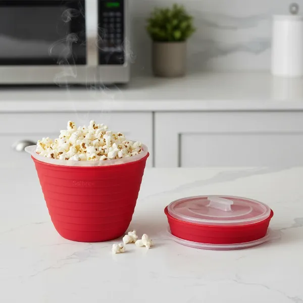 Salbree silicone popcorn popper bowl folded and expanded showcasing its collapsible design.