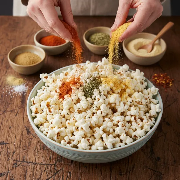 Hands adding various seasonings to a bowl of freshly air-popped popcorn for custom flavors.
