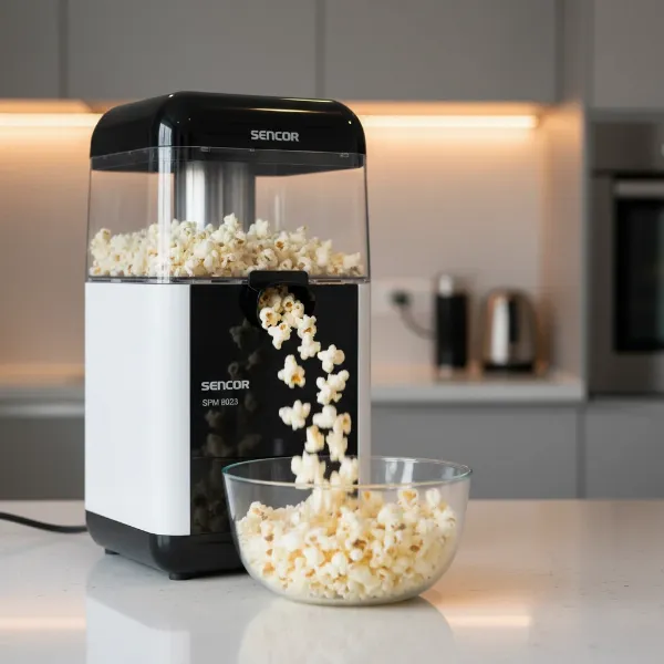 A modern Sencor SPM 8023 hot air popcorn maker producing popcorn.