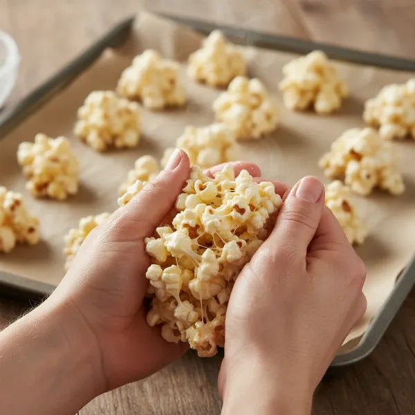 Hands gently shaping warm, marshmallow-coated popcorn into perfect spheres on parchment paper.
