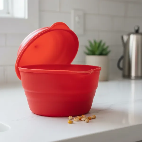 A modern silicone microwave popcorn popper, open and ready for kernels, emphasizing convenience and health.