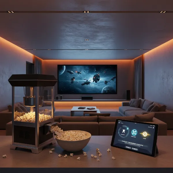 A smart popcorn maker integrated into a modern home theater setup, controlled via a tablet.