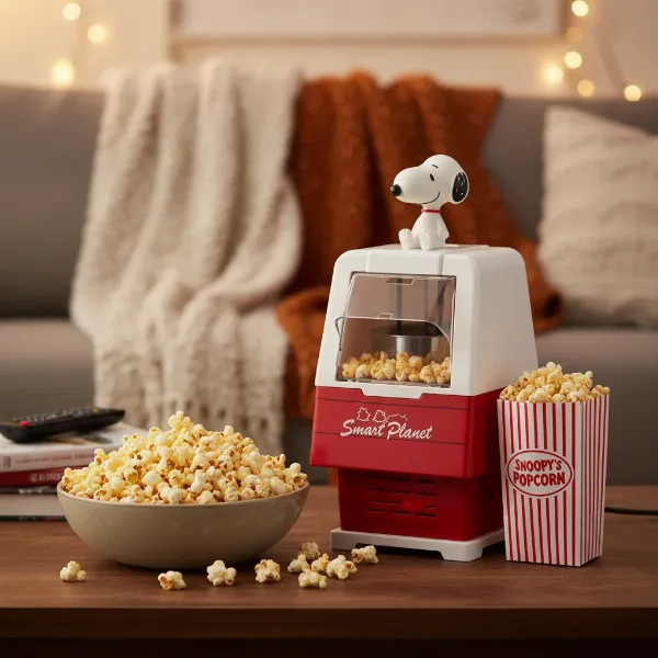 Freshly popped popcorn in a bowl next to the Smart Planet Peanuts Snoopy Popcorn Maker, ready for a movie night.