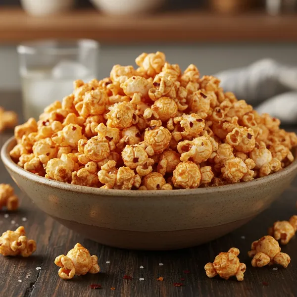 Delicious spicy Sriracha popcorn served in a bowl, ready to eat.