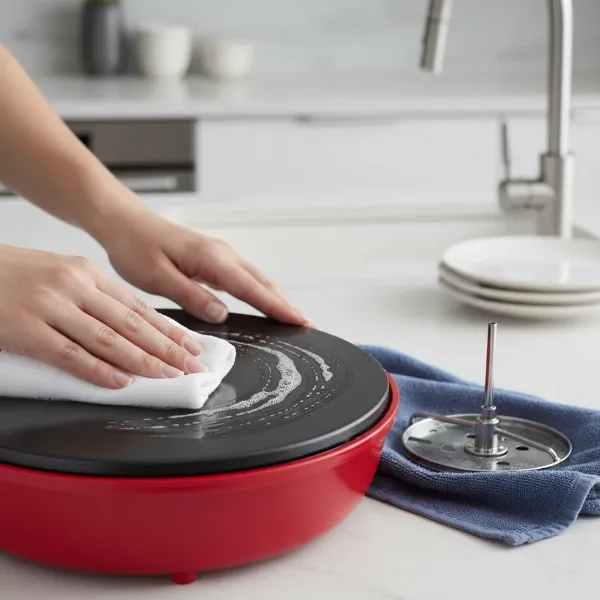 Cleaning the West Bend Stir Crazy popcorn maker, showing the removable stirring rod.