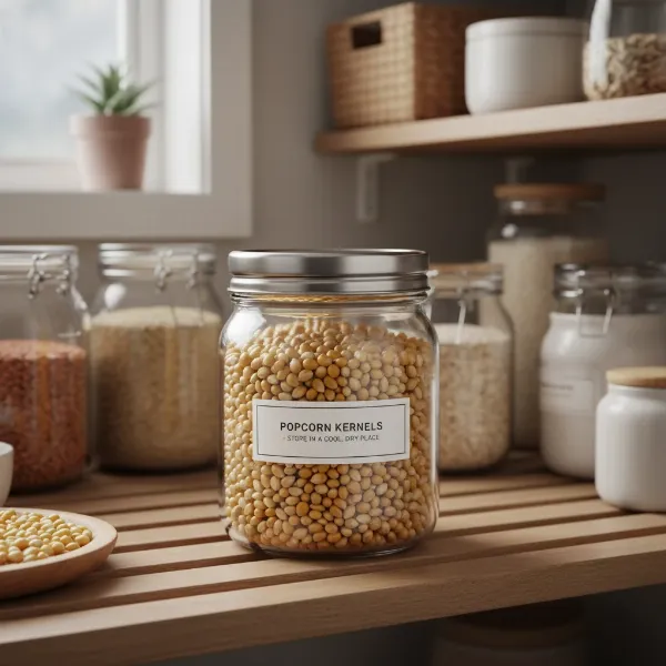 Airtight glass jar filled with unpopped popcorn kernels stored in a cool, dry pantry.