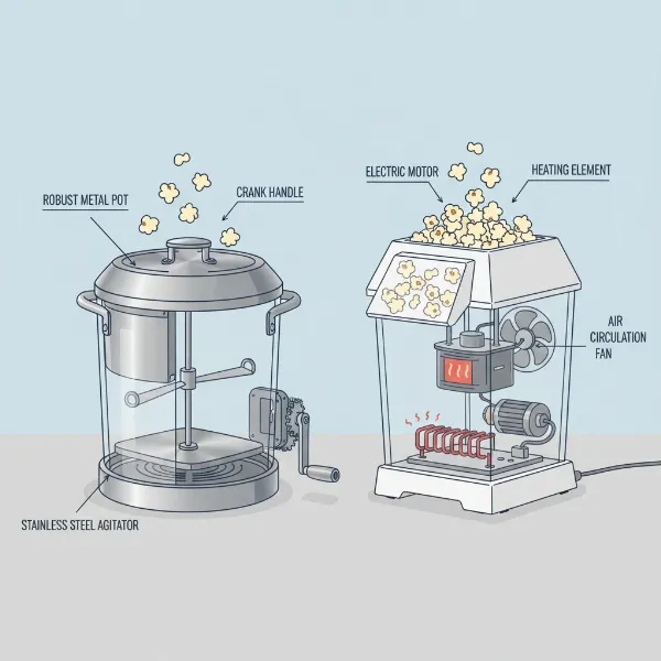 An illustrated comparison showing the internal components and construction differences between a simple, durable stovetop popcorn maker and a more complex electric model, highlighting their respective strengths and weaknesses in longevity.