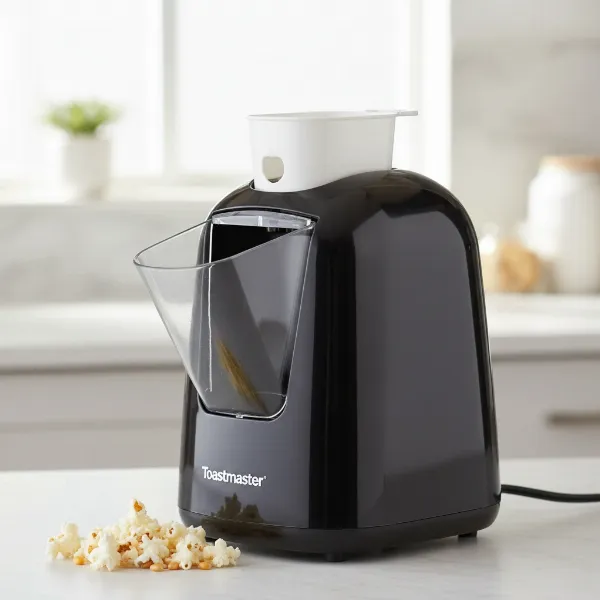 Close-up of Toastmaster air popcorn popper showing butter melting tray and chute.