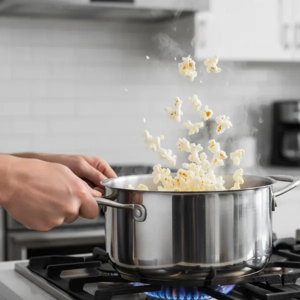 Close-up of hands shaking a pot on a stove, popping popcorn kernels in oil.