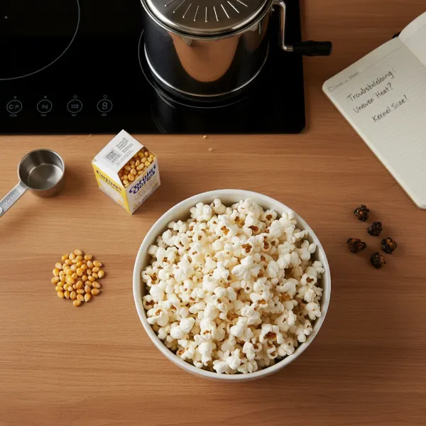 Various popcorn kernels in different states (unpopped, burnt, perfectly popped) next to a popcorn machine.