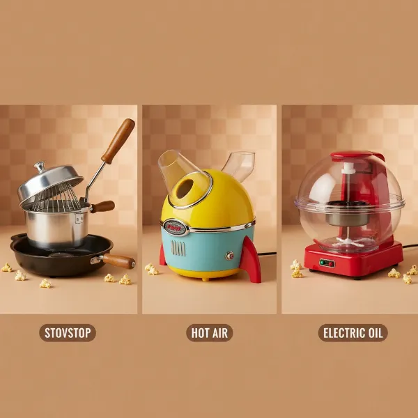 A visual comparison displaying different retro popcorn maker types: stovetop, hot air, and countertop electric.