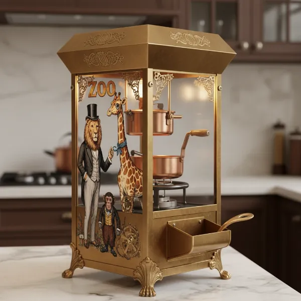 Whimsical Victorian popcorn maker with zoo animal illustrations, antique brass, and clear tempered glass panels.