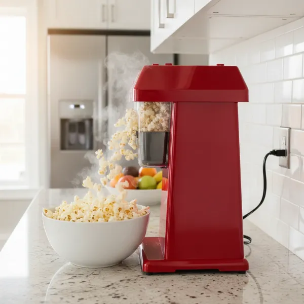 A West Bend Air Crazy Hot Air Popcorn Machine actively popping corn into a bowl, emphasizing speed and ease of use for healthy snacks.
