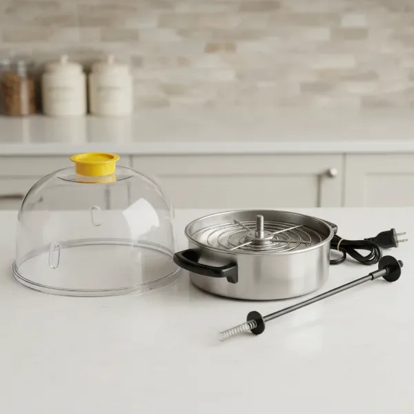 West Bend Stir Crazy popcorn maker with its cover, butter lid, and stirring rod detached for cleaning.