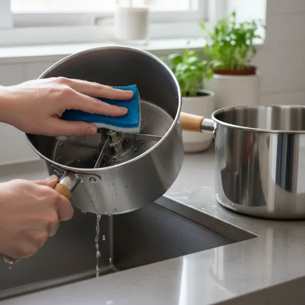 Hand washing a Whirley Pop for maintenance, highlighting material differences.